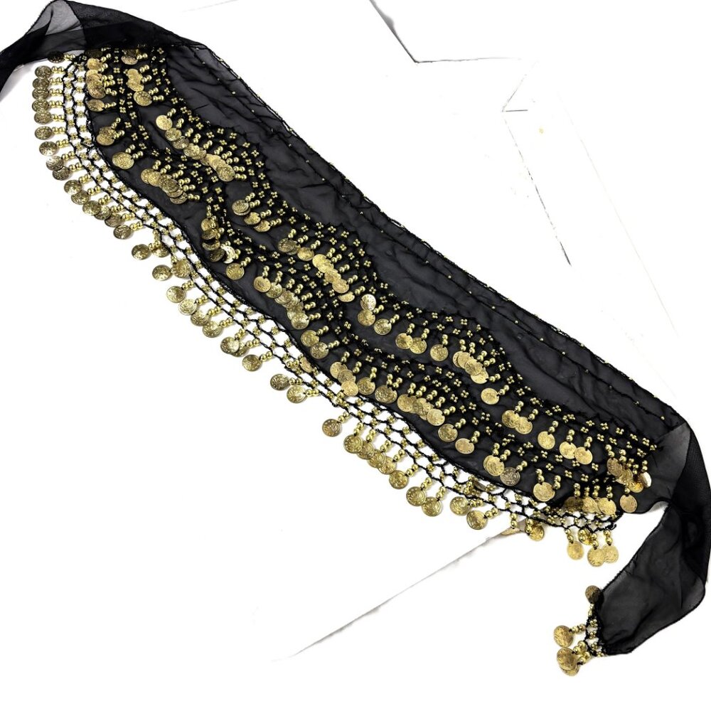Black Belly Dance Hip Scarf with Three rows of Gold Coins - Picture 3 of 10